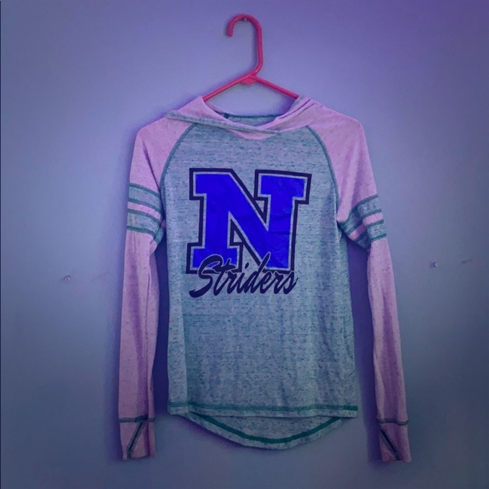 Green white and blue hooded sweatshirt